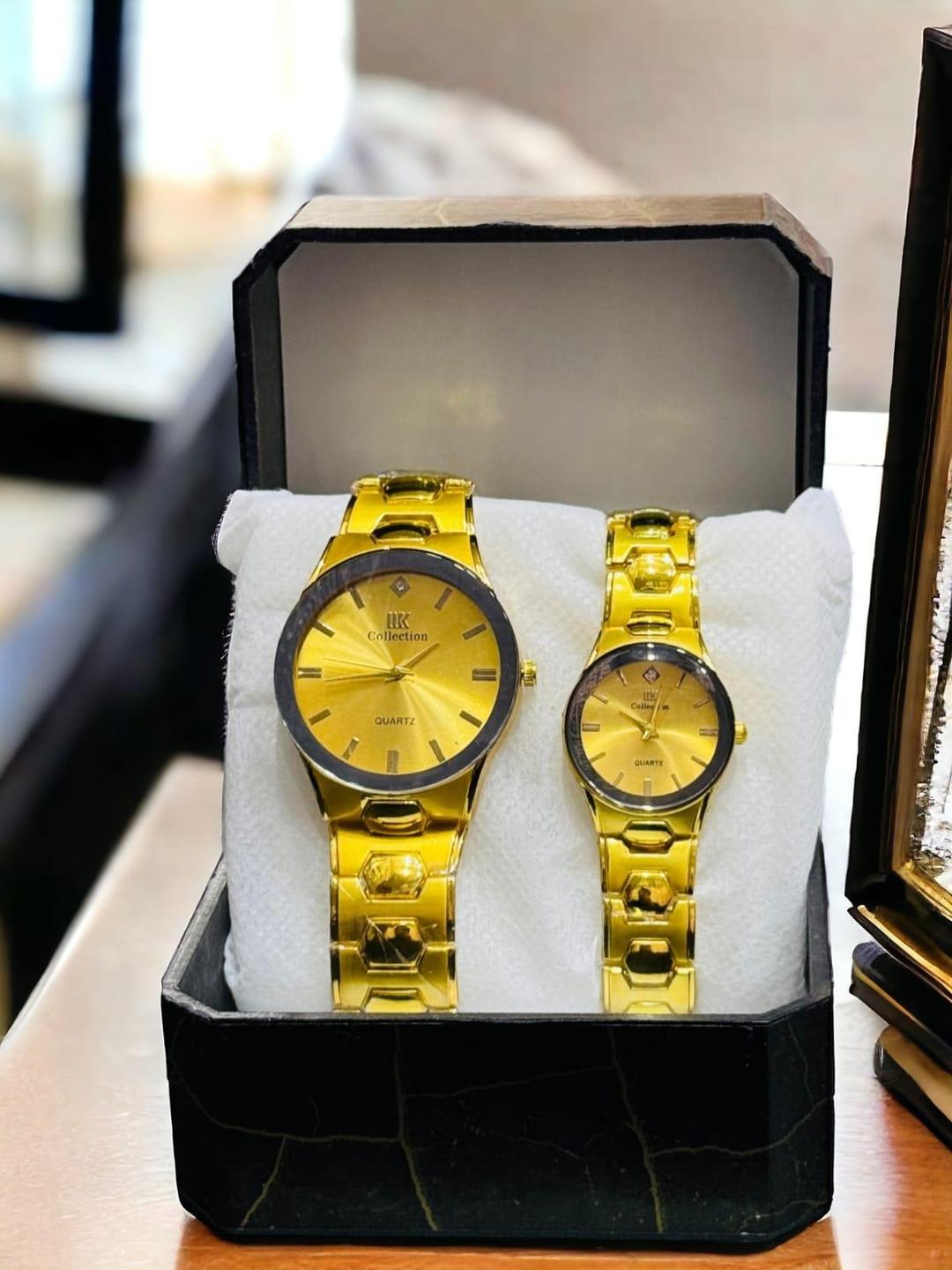 Unisex Quartz Couple Watches - 2 Pcs Analogue Set with Golden Chain Strap
